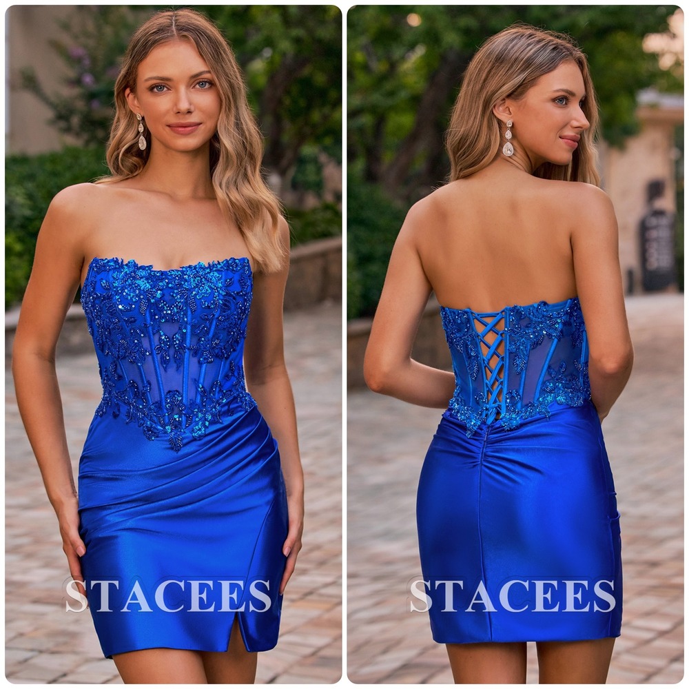 Stacees Womens Royal Blue Corset Lace Up Satin Glam Mini Homecoming Dress 2